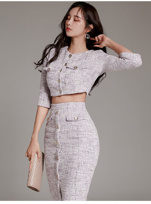 CM-SF032913 Women Elegant Seoul Style Single-Breasted Split Slim Bouse With Skirt - Set