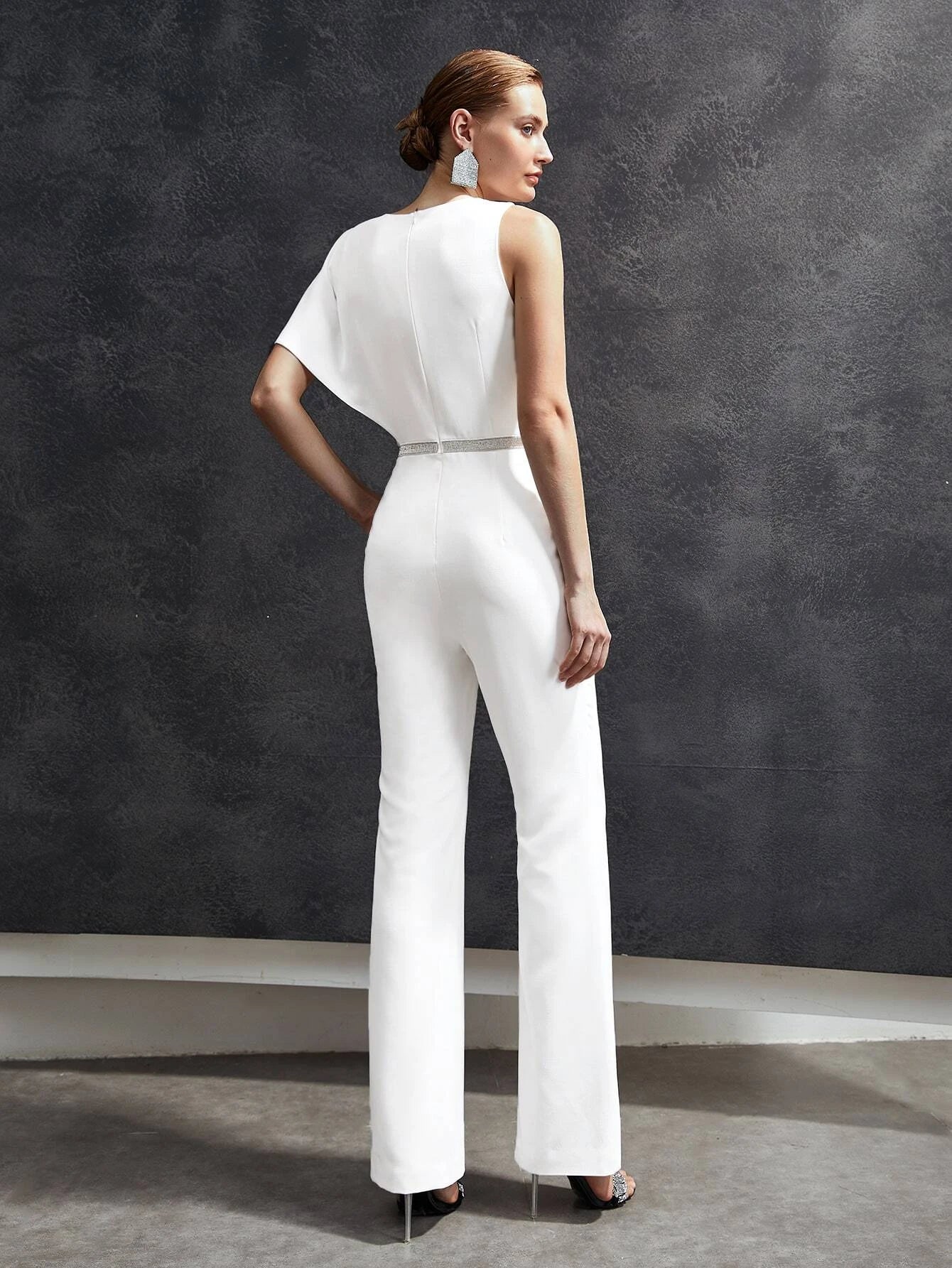 CM-JS651109 Women Elegant Seoul Style Glitter Tape Asymmetrical Jumpsuit - White