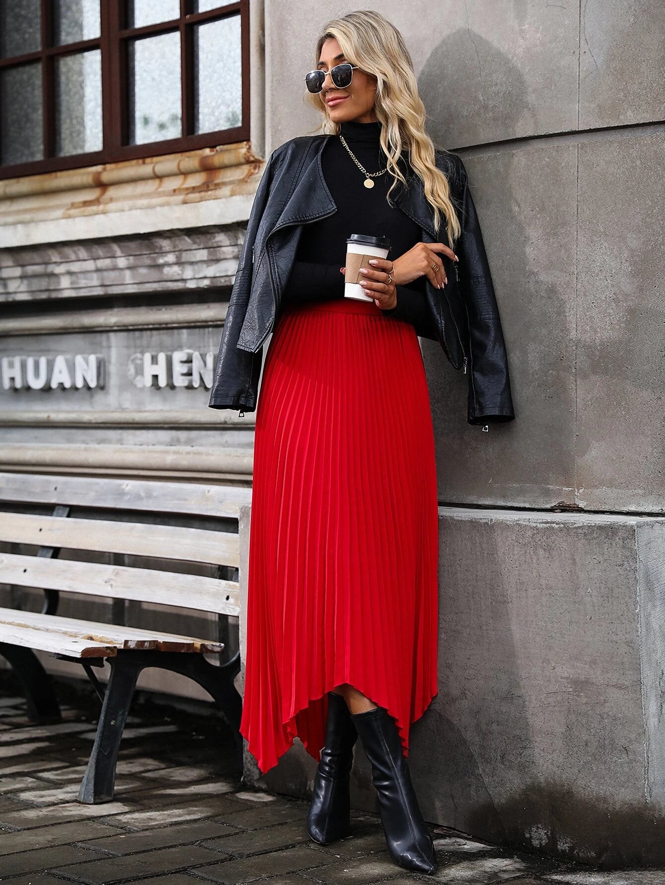 CM-BS461696 Women Elegant Seoul Style High Waist Hanky Hem Pleated Skirt - Red