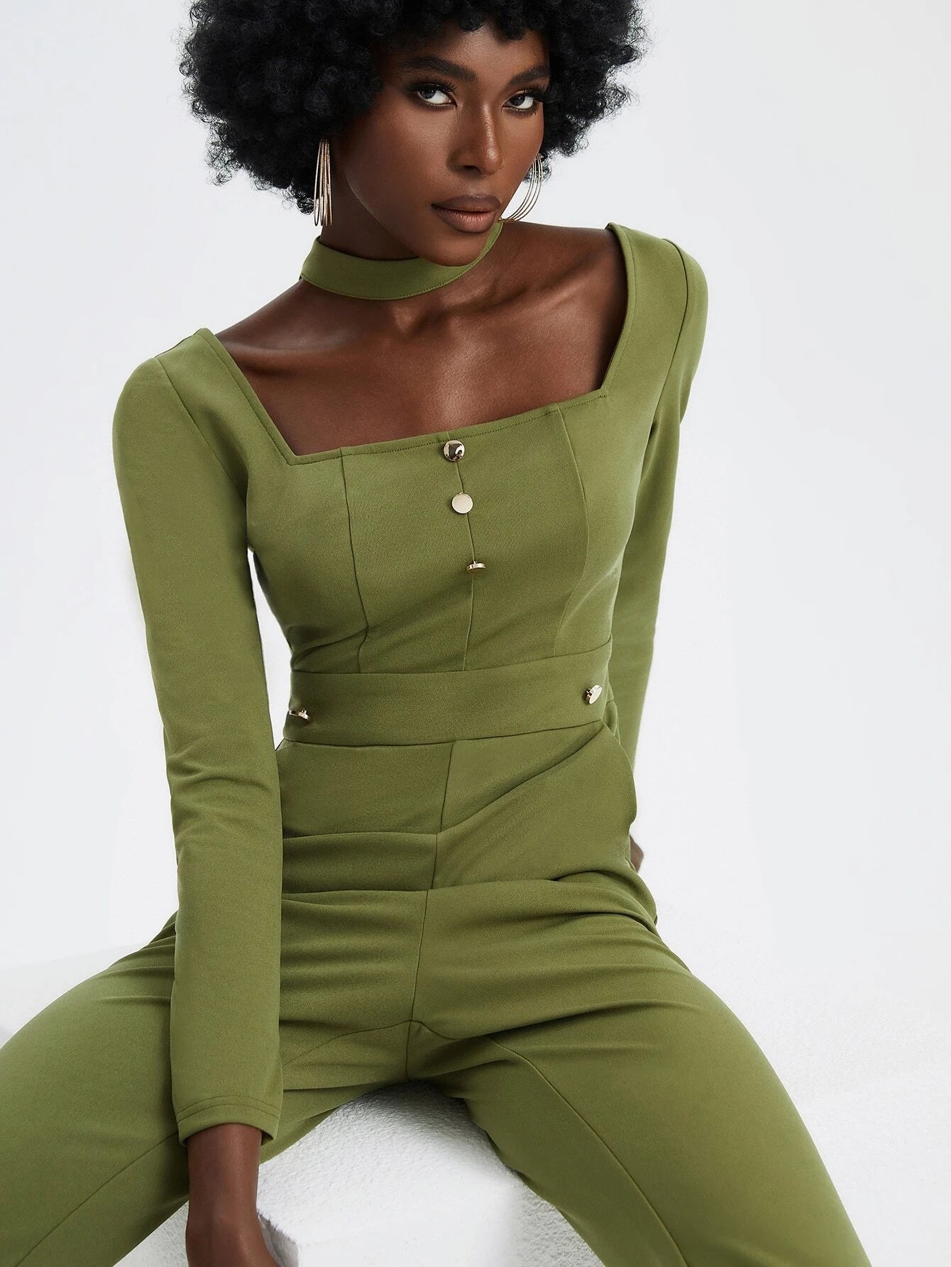 CM-JS706737 Women Elegant Seoul Style Square Neck Button Detail Flare Leg Jumpsuit