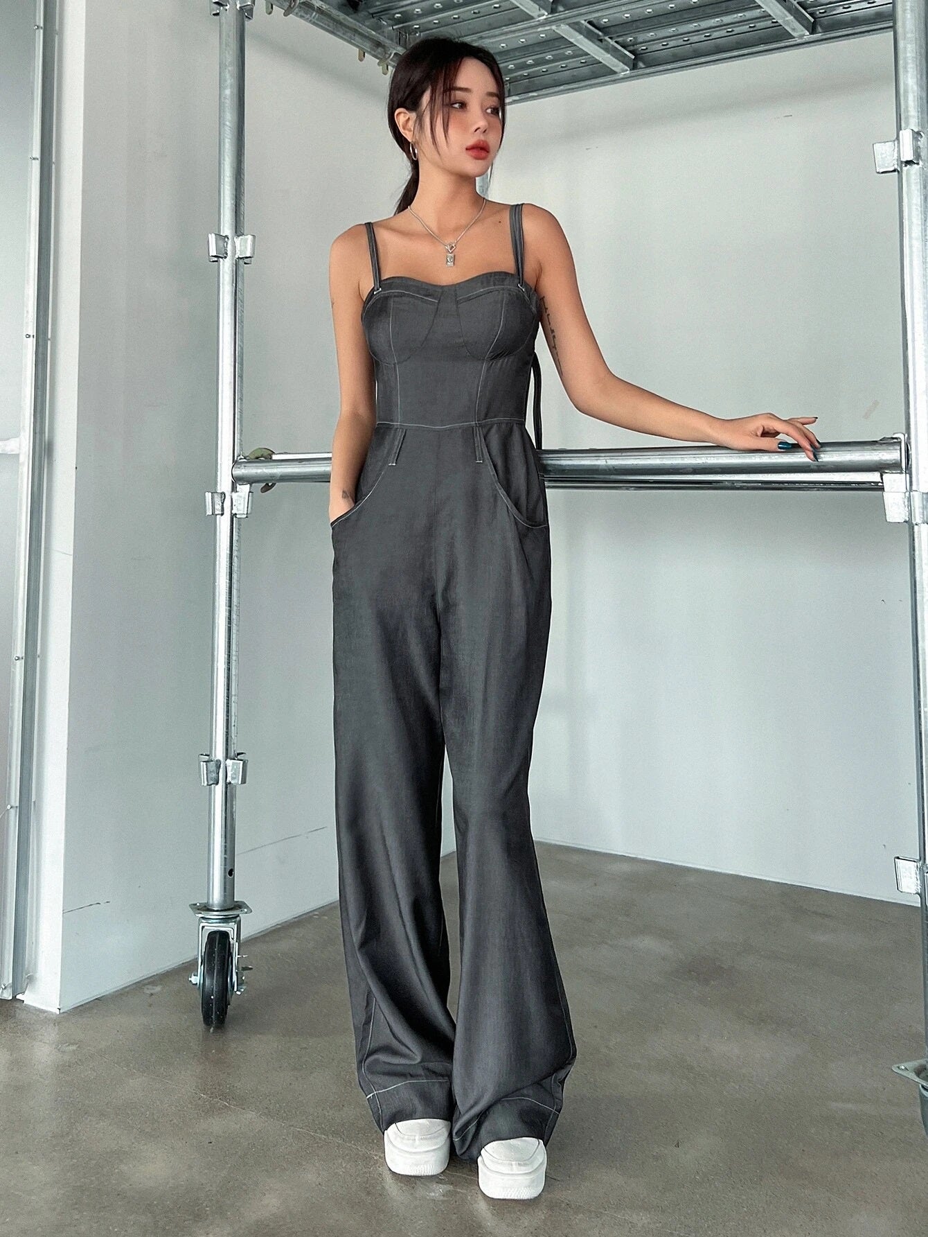 CM-JS020685 Women Casual Seoul Style Solid Slant Pocket Zip Back Cami Jumpsuit - Dark Gray