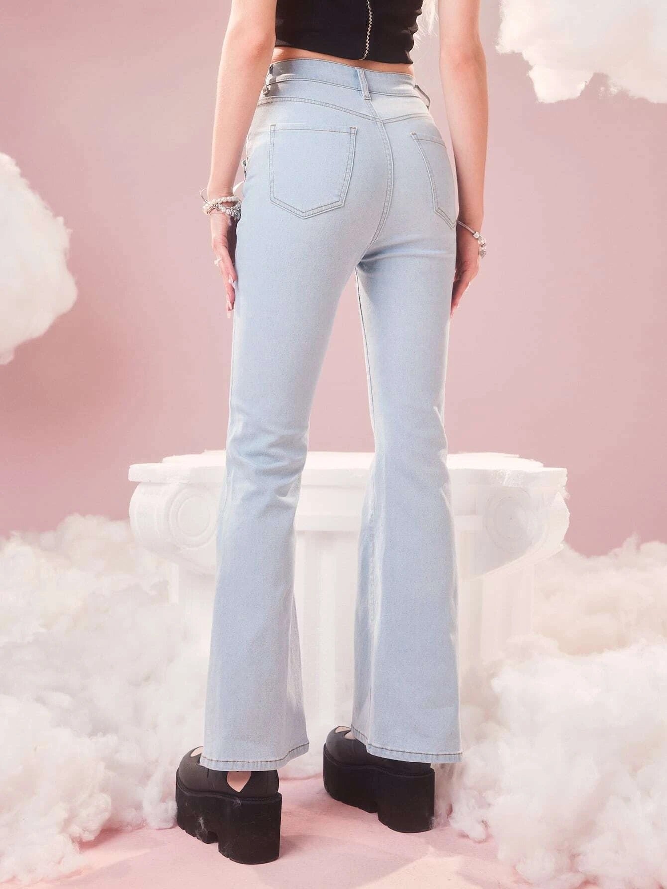 CM-BS756998 Women Casual Seoul Style Sweetness Bow Decor Flare Leg Jeans
