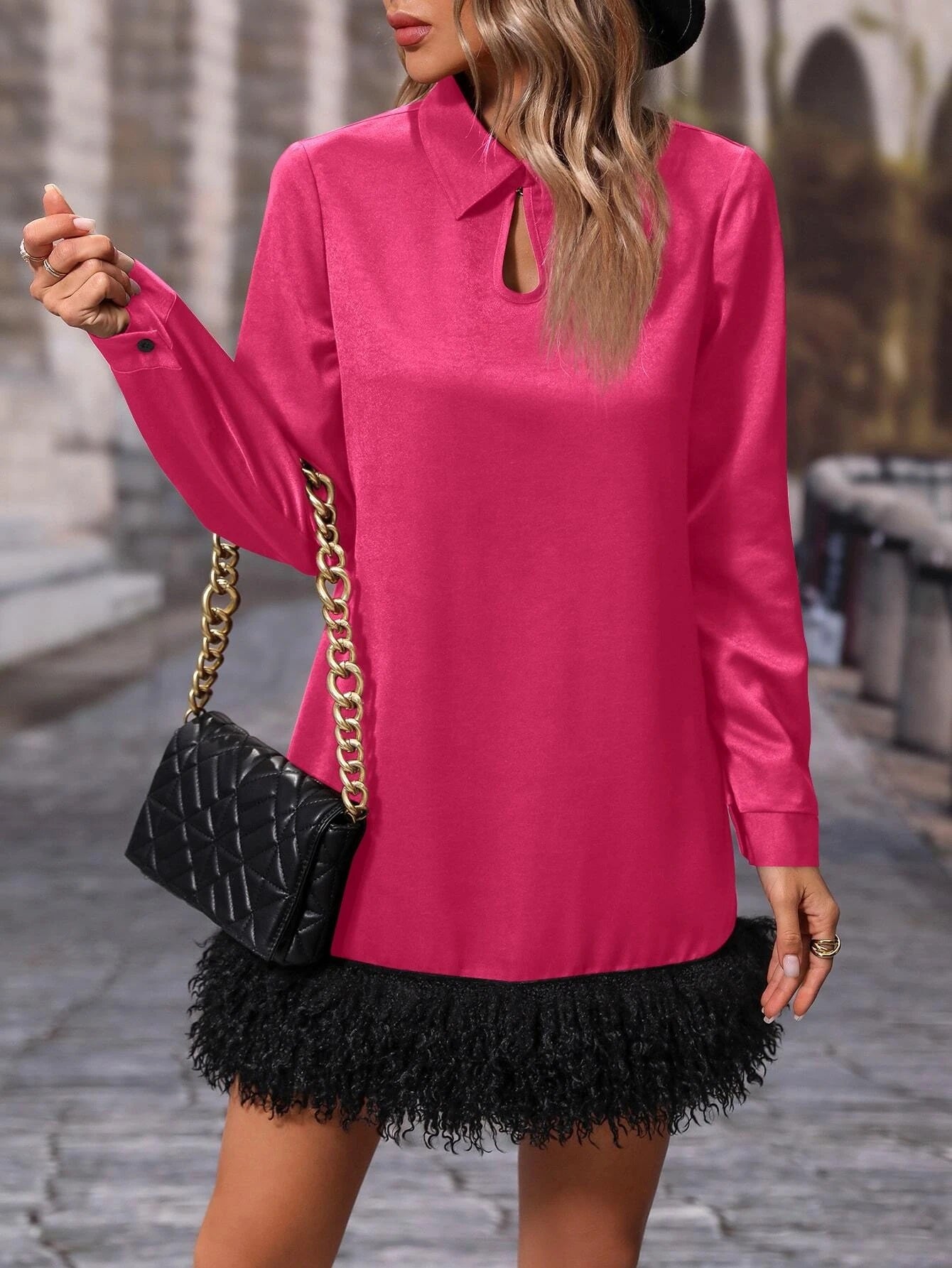 CM-DS005805 Women Elegant Seoul Style Collar Neckline Solid Fuzzy Hem Tunic Dress - Hot Pink