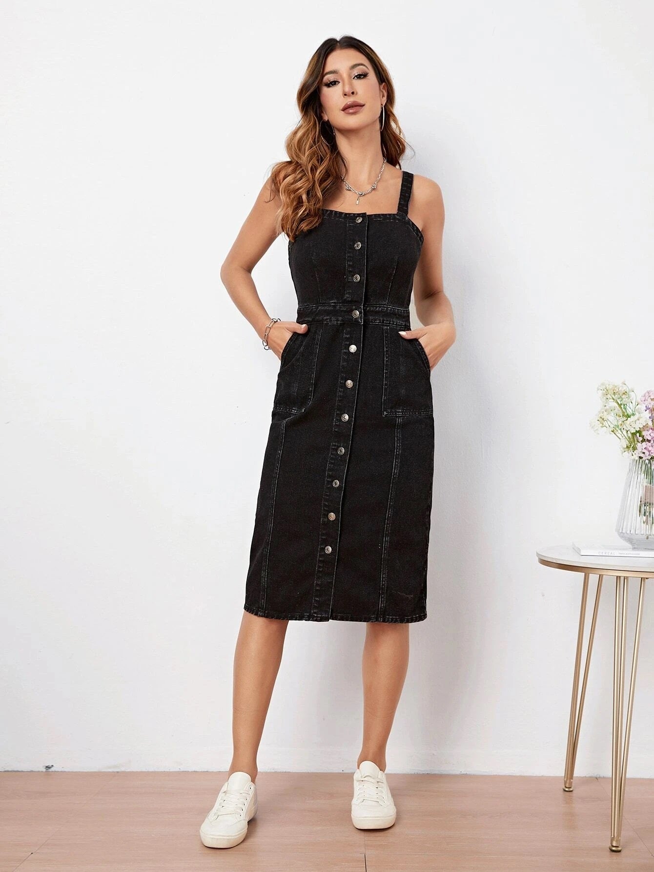 CM-DS242414 Women Preppy Seoul Style Sleeveless Button Front Denim Dress - Black