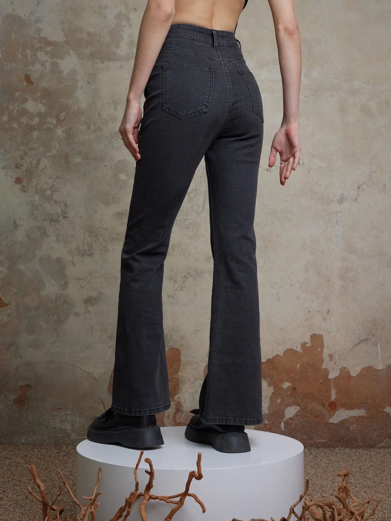 CM-BS829381 Women Preppy Seoul Style High Waist Flap Pocket Flare Leg Jeans - Dark Gray