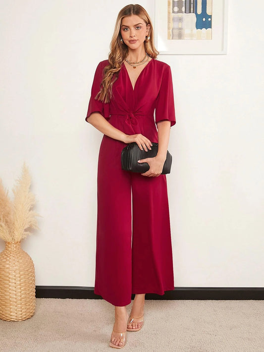 CM-JS507627 Women Casual Seoul Style Surplice Neck Tie Waist Wide Leg Jumpsuit - Burgundy