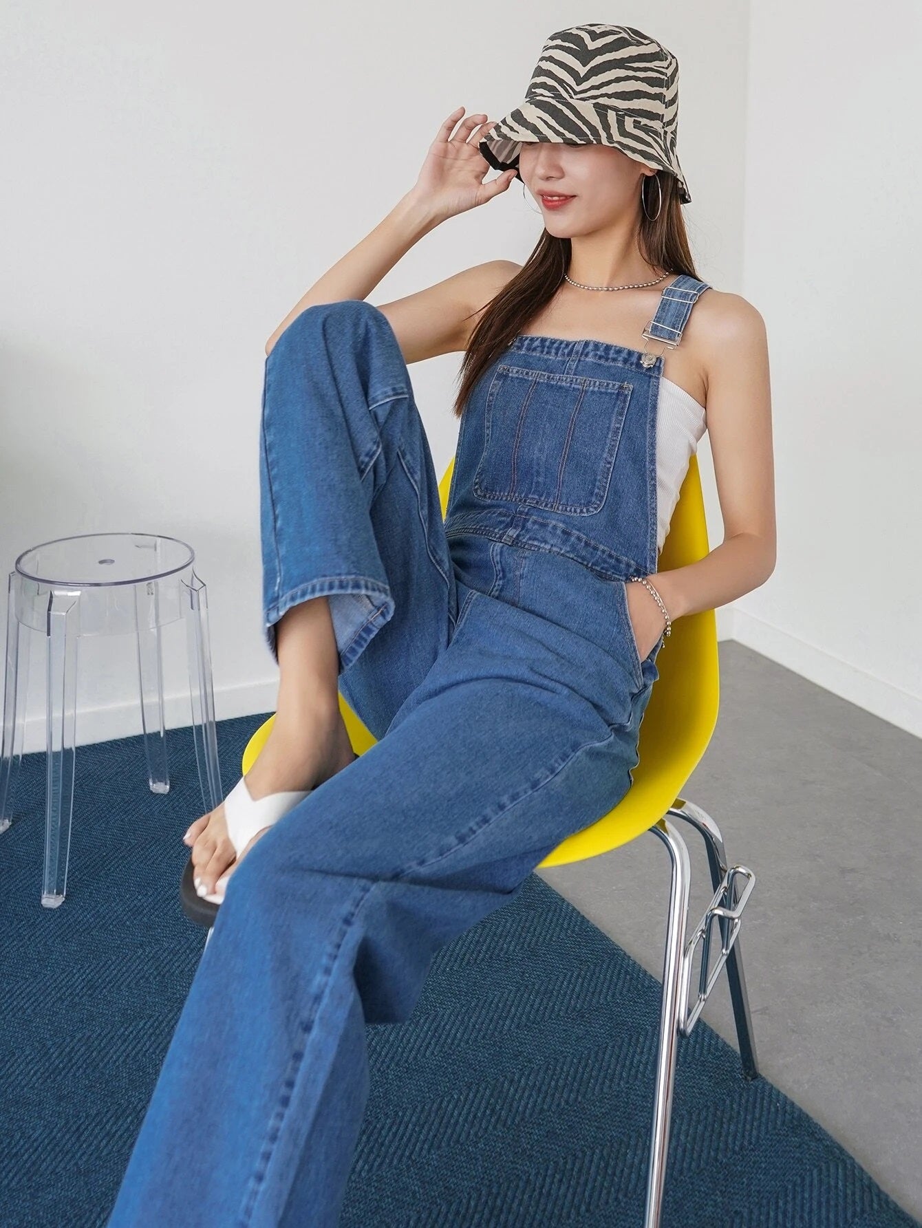 CM-JS609672 Women Preppy Seoul Style Medium Wash Pocket Patched Wide Leg Denim Overalls
