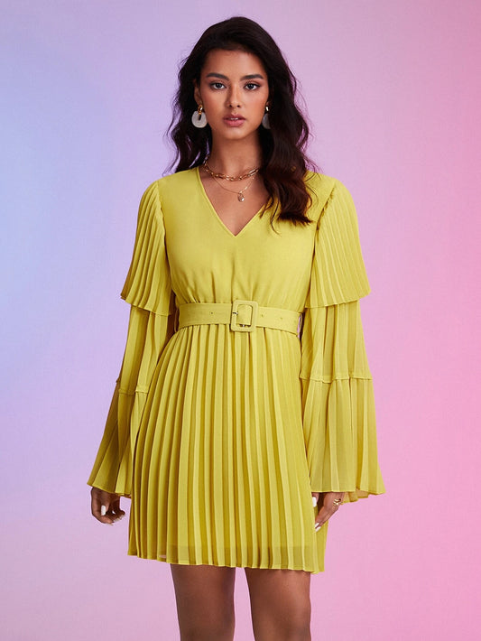 CM-DS433465 Women Elegant Seoul Style Pleated Trumpet Sleeve Belted Dress - Mustard Yellow