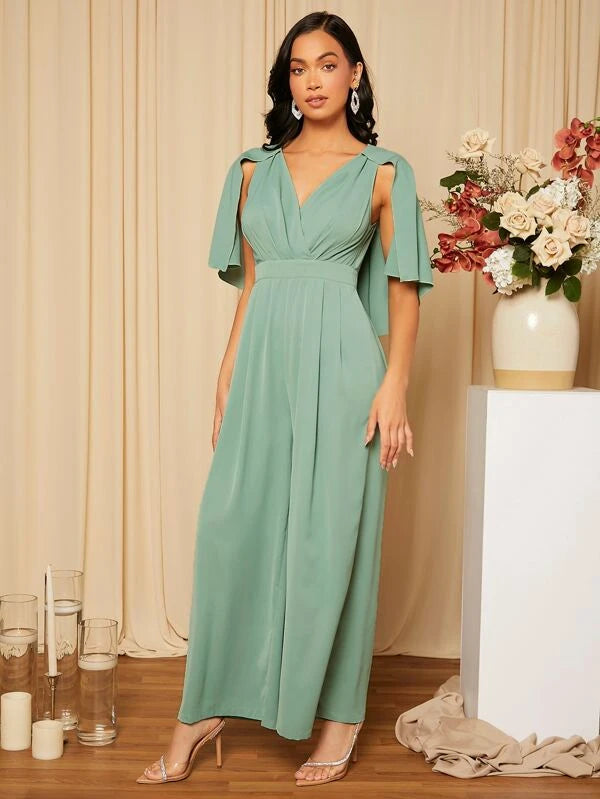 CM-JS041441 Women Elegant Seoul Style Plicated Detail Cloak Sleeve Wide Leg Jumpsuit