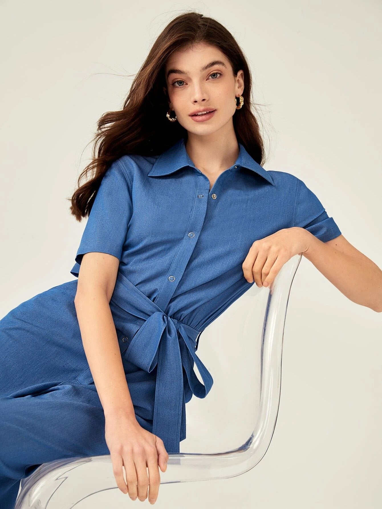 CM-JS779867 Women Elegant Seoul Style Short Sleeve Hidden Pocket Belted Jumpsuit - Blue