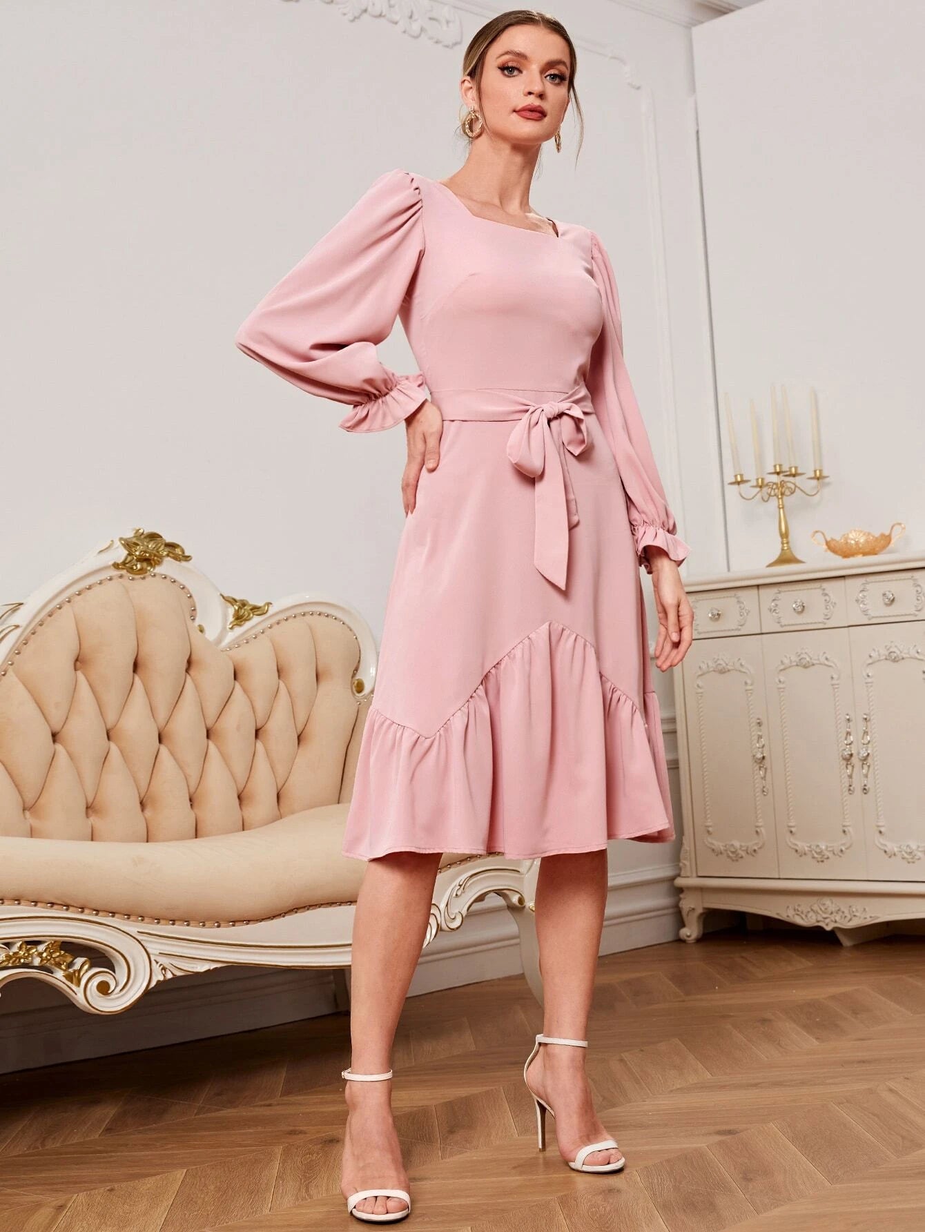 CM-DS368266 Women Elegant Seoul Style Square Neck Flounce Sleeve Ruffle Hem Belted Dress