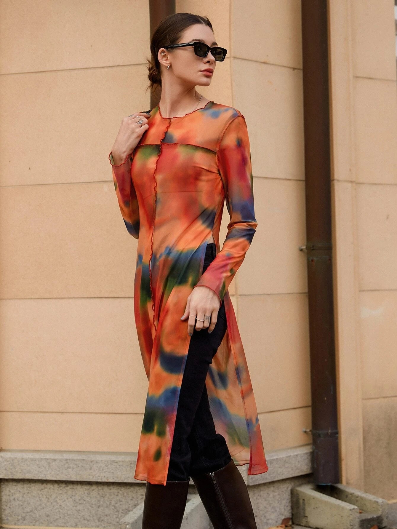 CM-TS133331 Women Casual Seoul Style Round Neck Tie Dye Split Thigh Longline Top