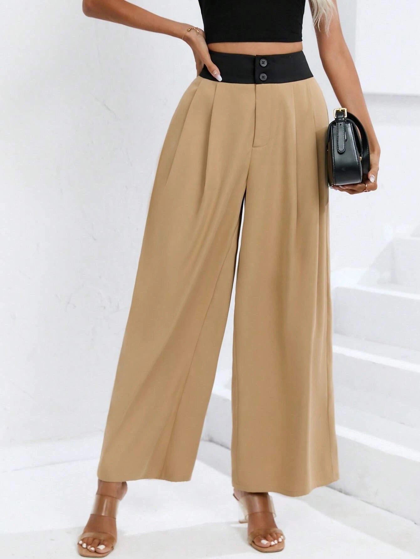 CM-BS166332 Women Trendy Bohemian Style High Waist Plicated Detail Wide Leg Pants - Khaki