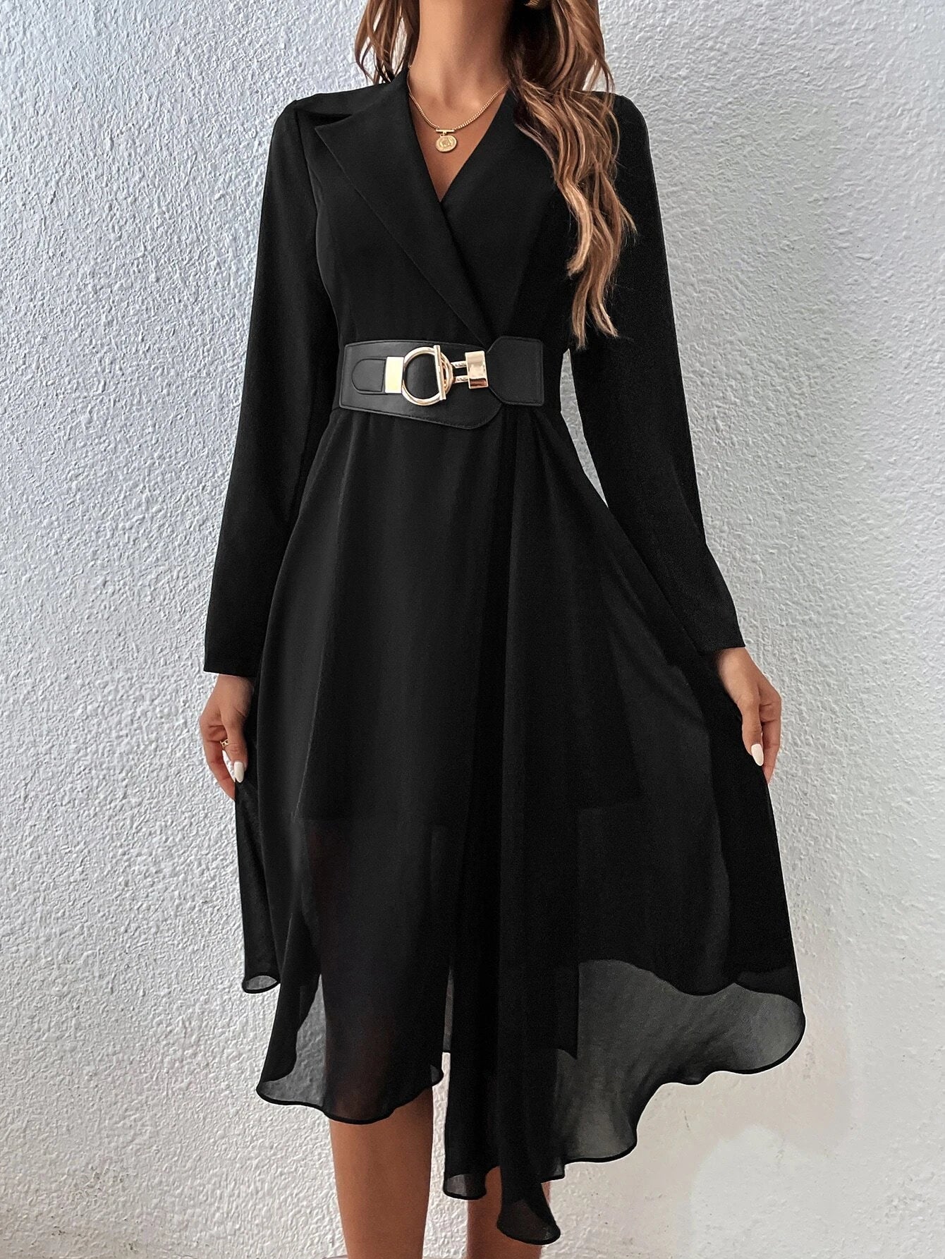 CM-DS338512 Women Elegant Seoul Style Lapel Neck Wrap Detail High Low Hem Belted Dress
