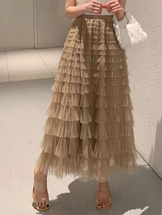 CM-BS317162 Women Casual Seoul Style Solid Layer Mesh Overlay Skirt - Khaki