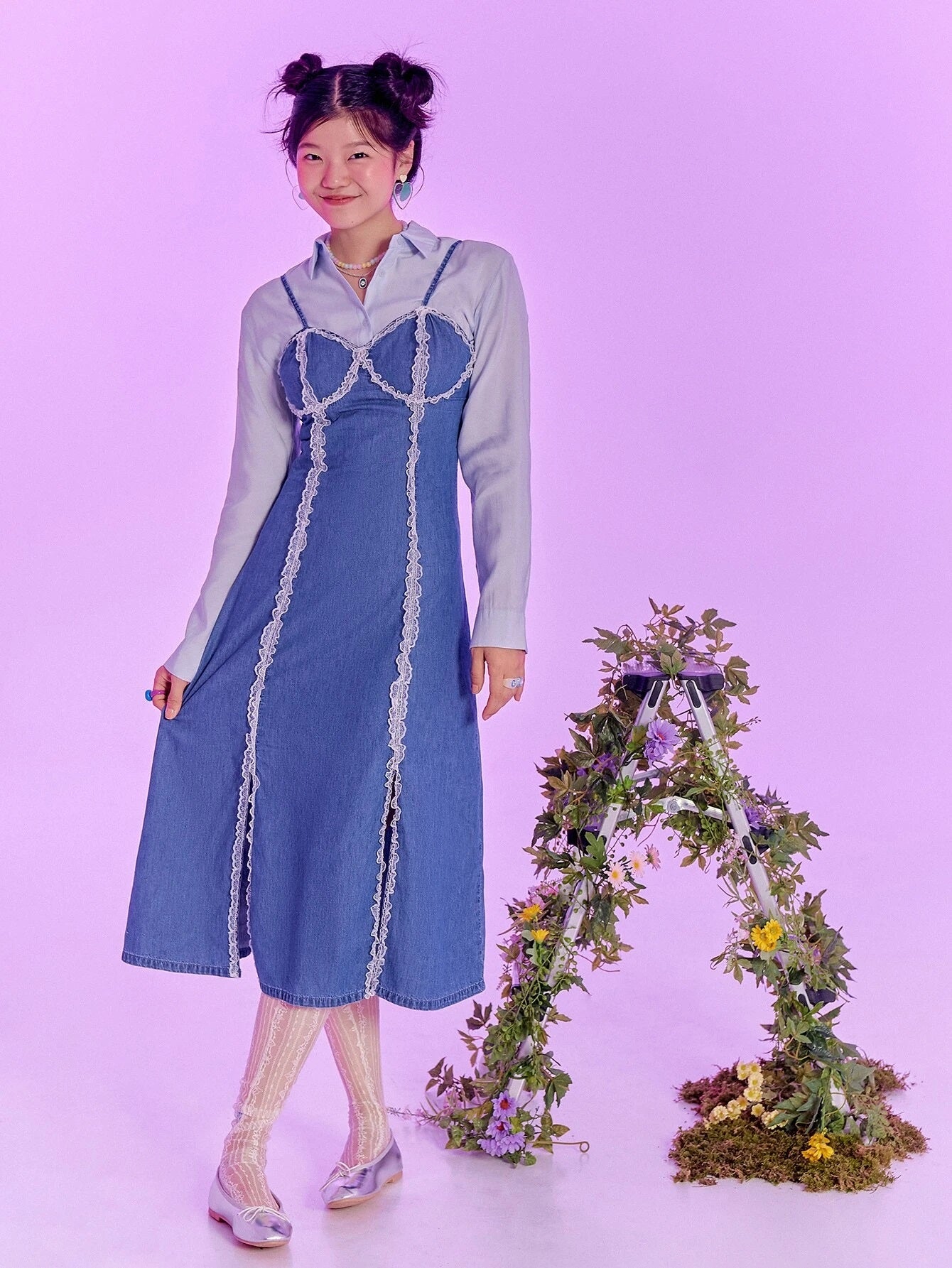 CM-DS693914 Women Preppy Seoul Style Contrast Lace Trim Split Thigh Cami Dress - Blue