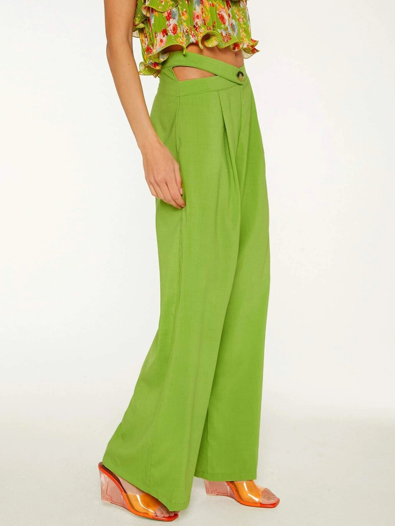 CM-BS971157 Women Elegant Seoul Style High Waist Solid Wide Leg Pants - Lime Green