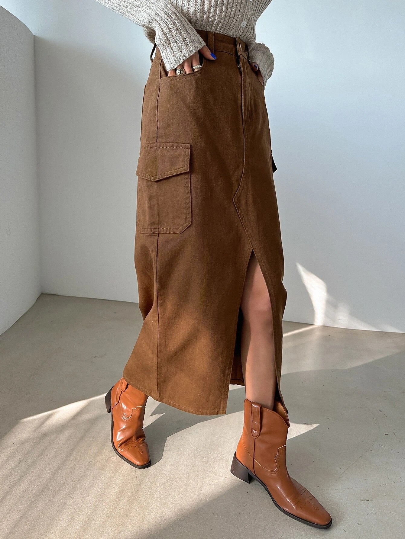 CM-BS080390 Women Casual Seoul Style High Waist Split Thigh Denim Skirt - Coffee Brown