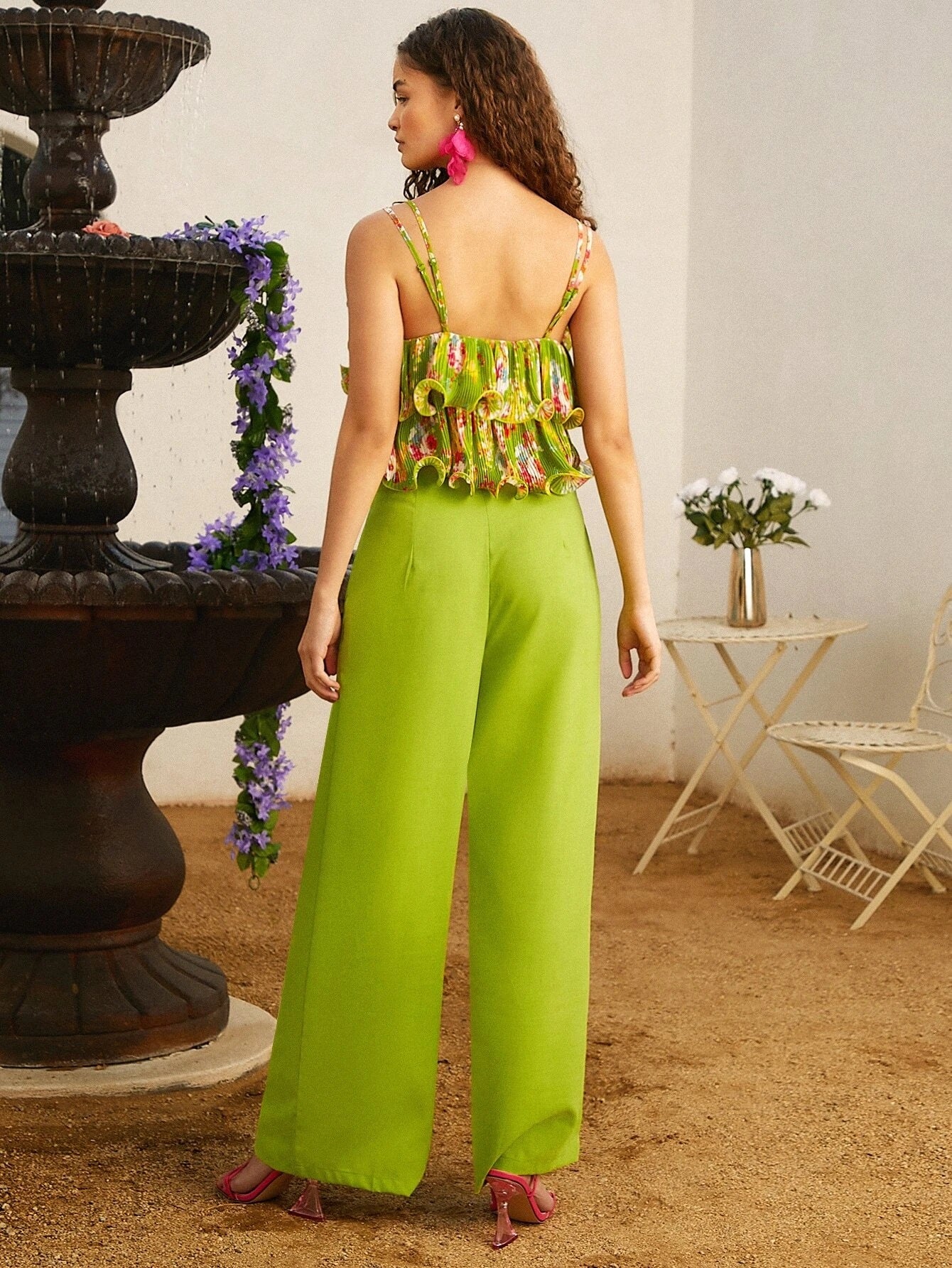 CM-TS710414 Women Trendy Bohemian Style Floral Print Ruffle Trim Cami Top - Green