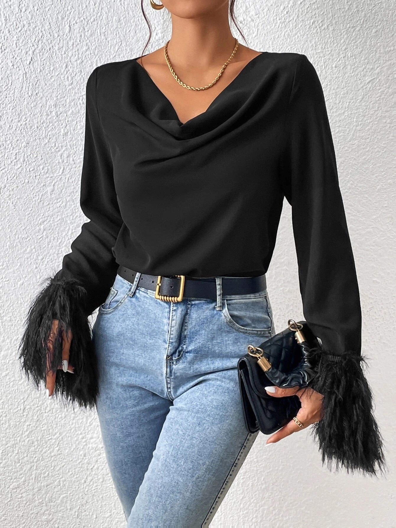 CM-TS420671 Women Elegant Seoul Style Draped Collar Fuzzy Cuff Blouse - Black