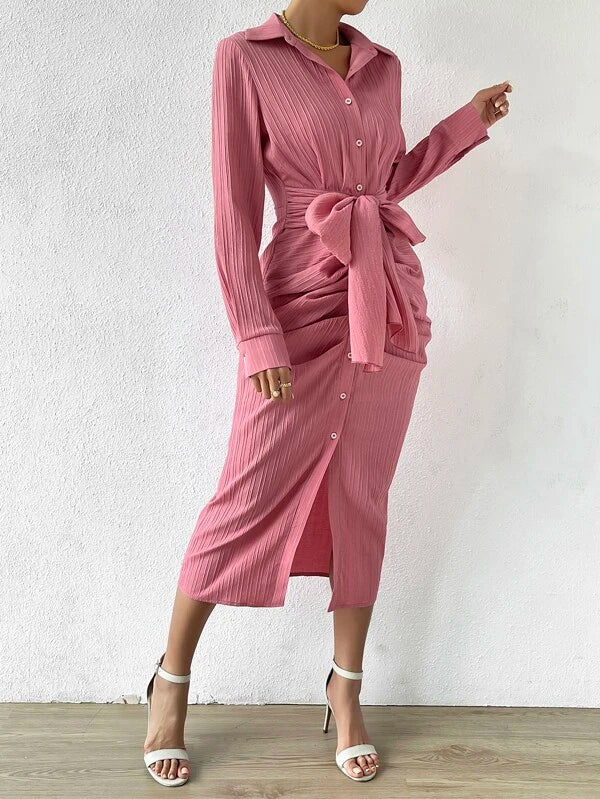 CM-DS543532 Women Elegant Seoul Style Long Sleeve Tie Front Shirt Dress - Pink
