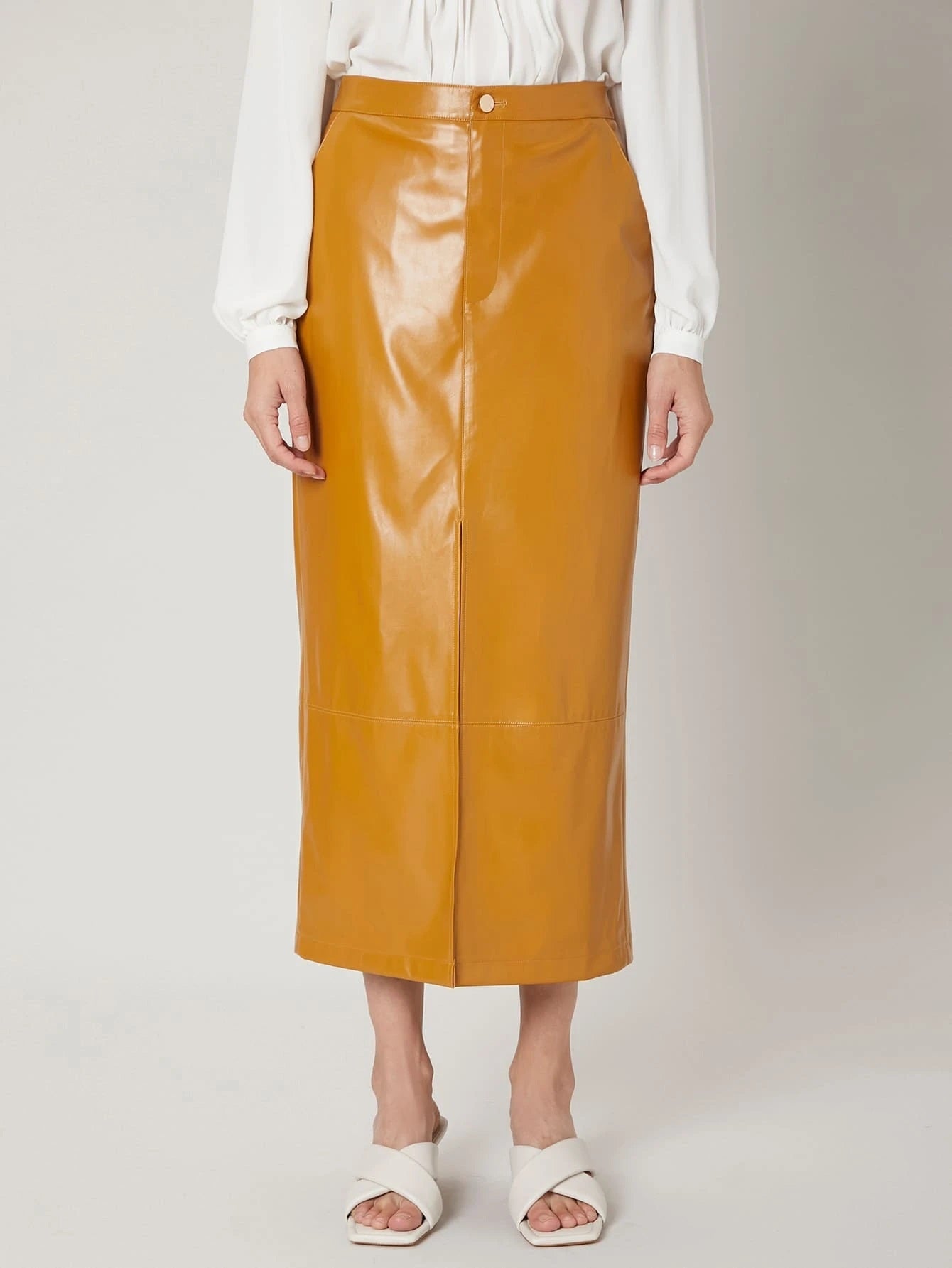 CM-BS940410 Women Elegant Seoul Style High Waist PU Leather Split Skirt - Mustard Yellow