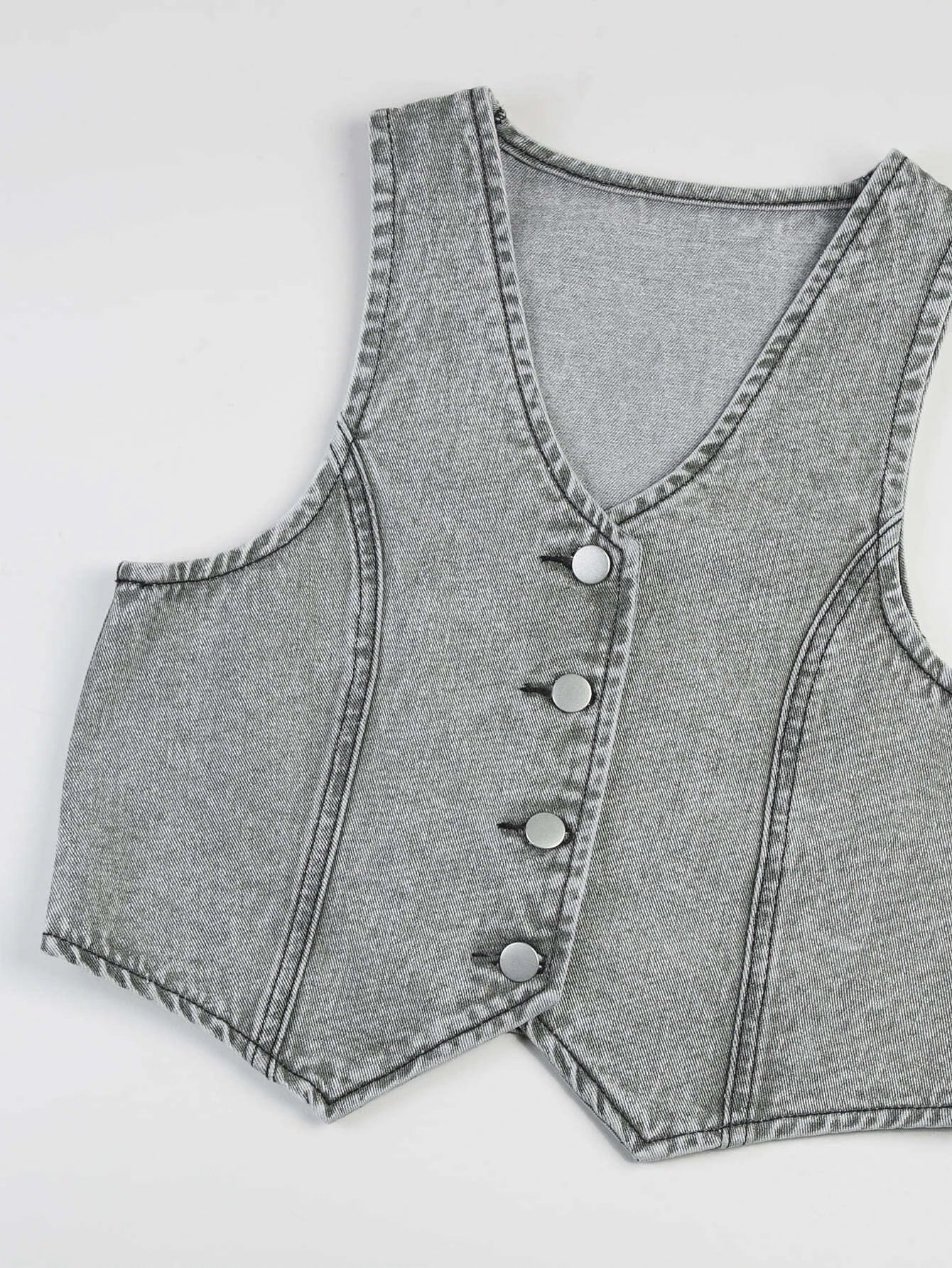 CM-CS025755 Women Preppy Seoul Style Acid Wash Button Up Denim Vest - Light Gray