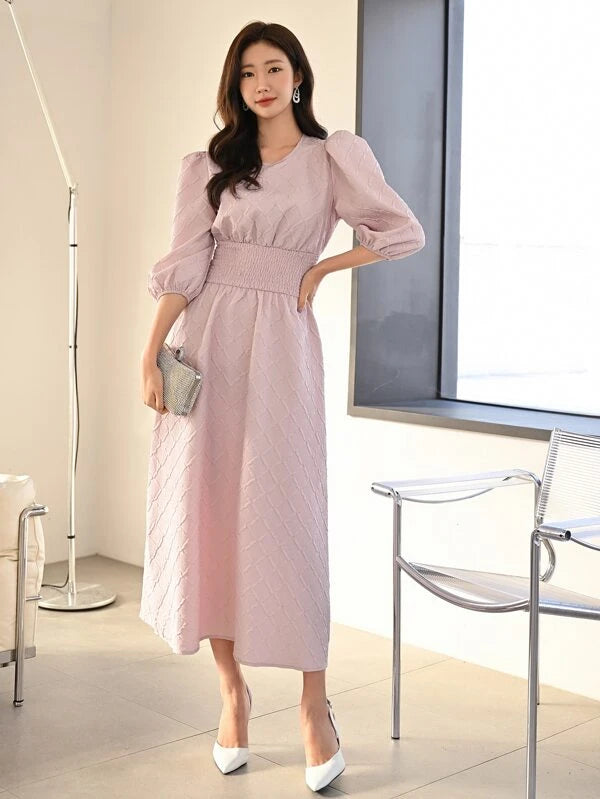 CM-DS451492 Women Casual Seoul Style Solid Puff Sleeve A-Line Dress - Dusty Pink