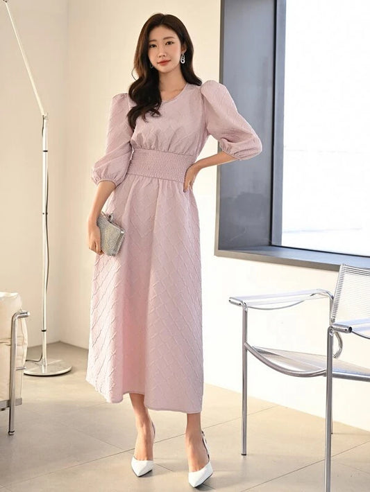 CM-DS451492 Women Casual Seoul Style Solid Puff Sleeve A-Line Dress - Dusty Pink