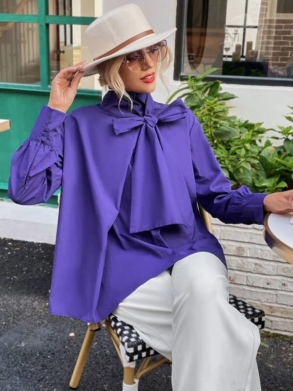 CM-TS466367 Women Elegant Seoul Style Solid Tie Front Long Sleeve Blouse - Purple