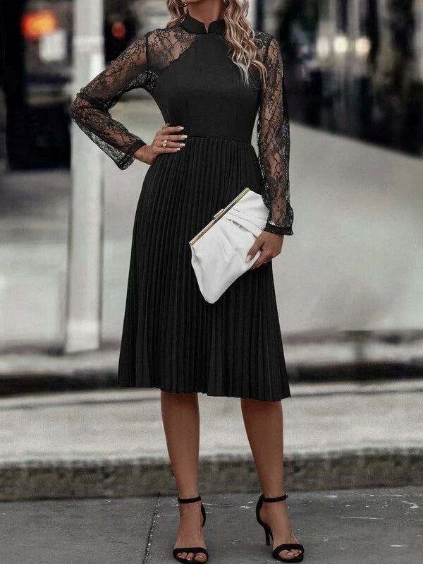 CM-DS696654 Women Elegant Seoul Style Contrast Lace Pleated Hem Dress - Black