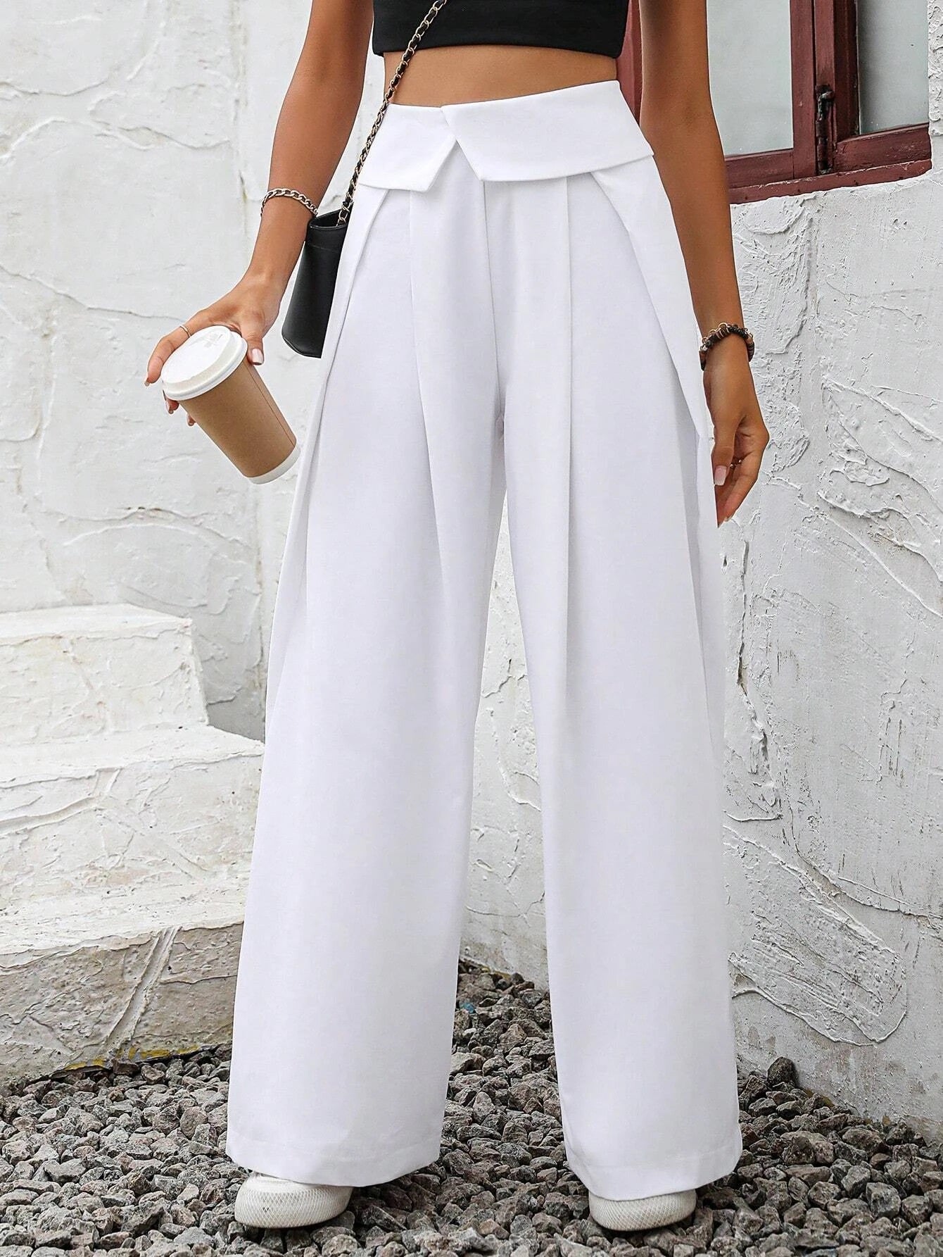 CM-BS526003 Women Elegant Seoul Style Foldover Waist Wide Leg Pants - White