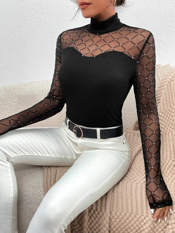 CM-TS472747 Women Casual Seoul Style Rhinestone Insert Contrast Mesh High Neck Tee