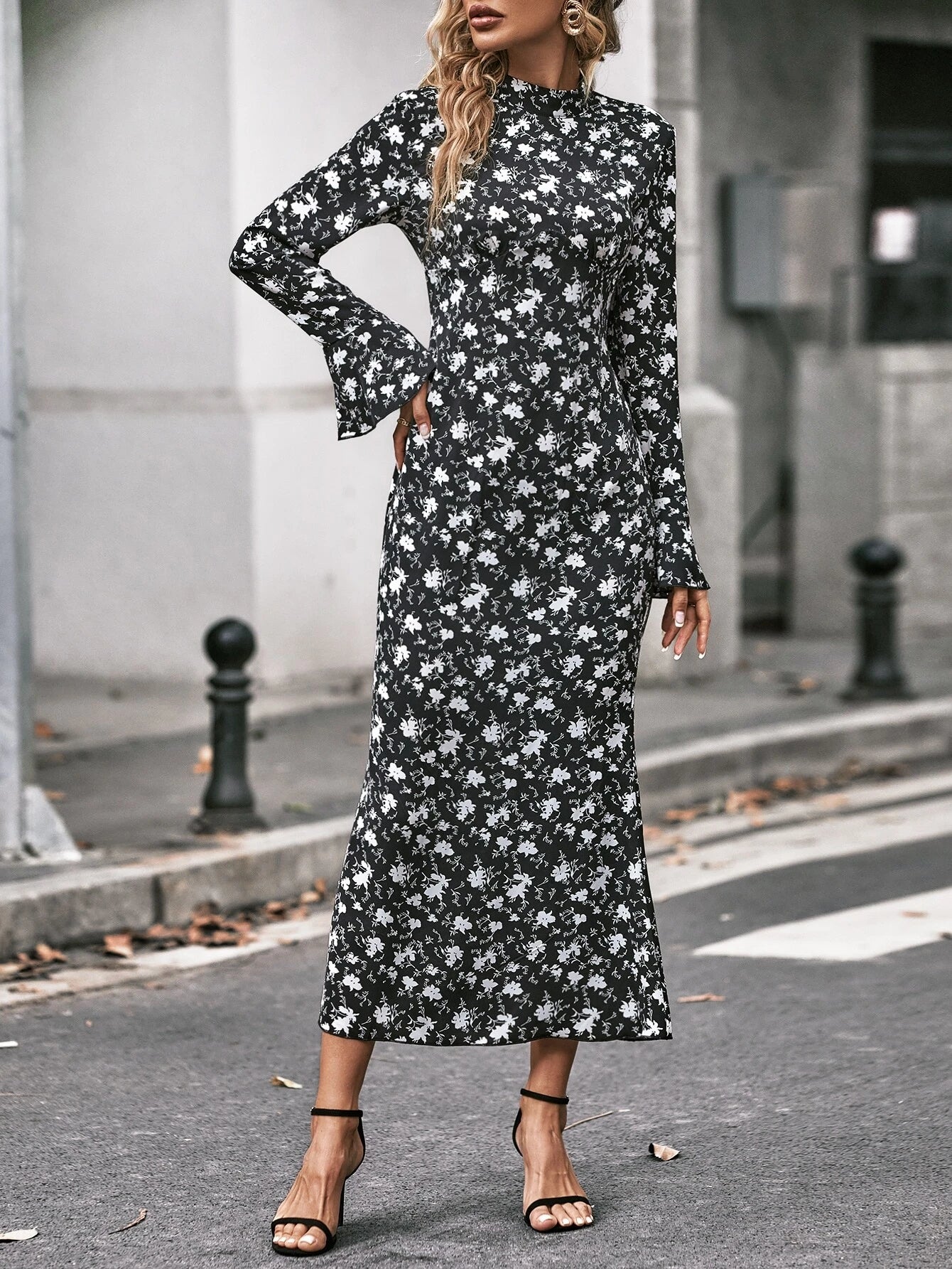 CM-DS281182 Women Casual Seoul Style Floral Print Flounce Sleeve Mermaid Hem Dress