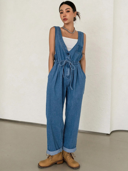 CM-JS573092 Women Preppy Seoul Style Plicated Detail Drawstring Waist Denim Overalls