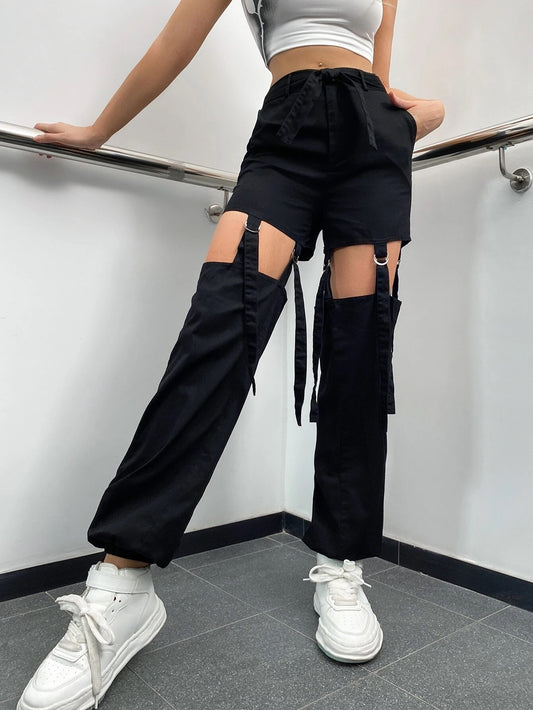 CM-BS669792 Women Casual Seoul Style High Waist Cut Out Knot Waist Cargo Pants - Black