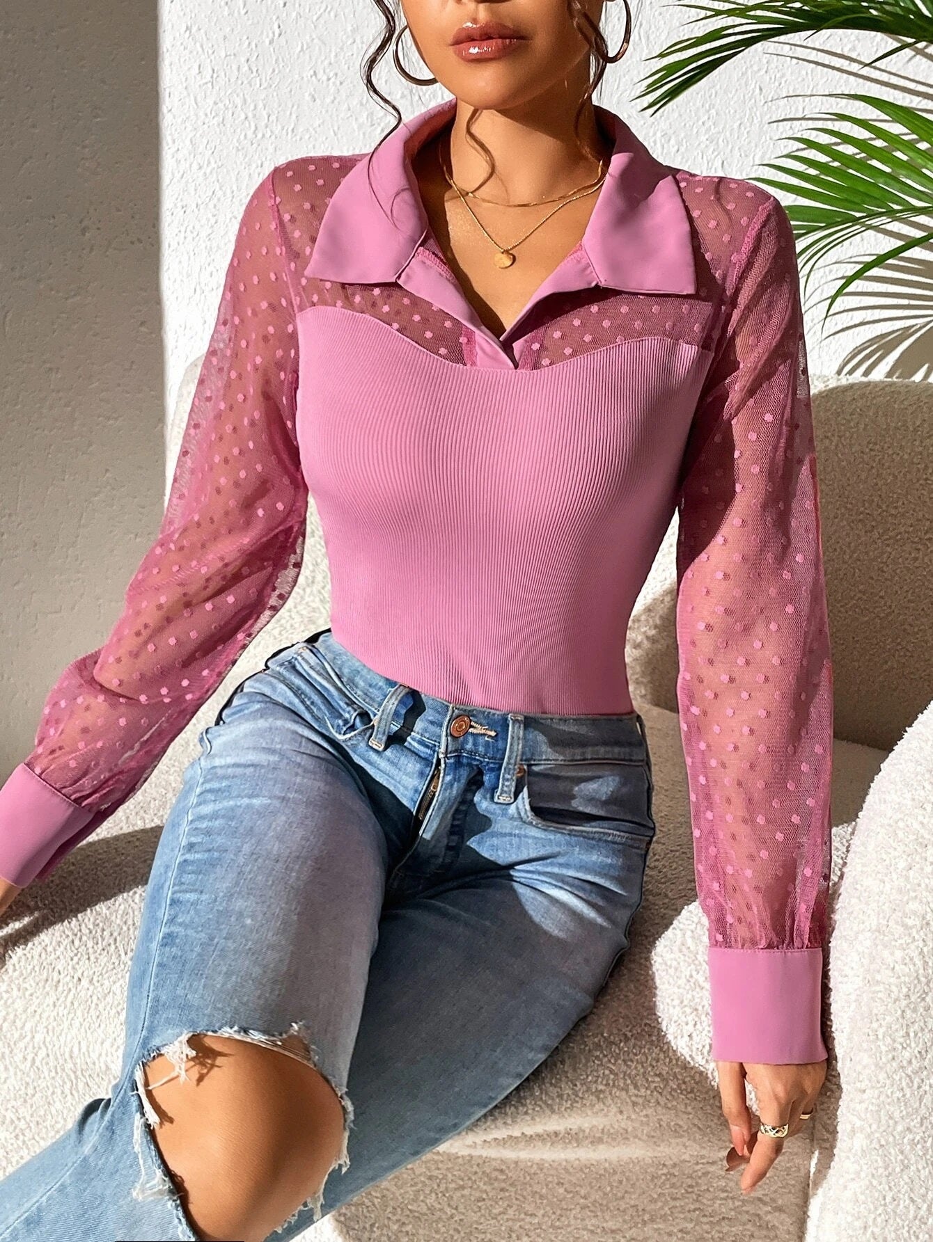 CM-TS374742 Women Casual Seoul Style Collar Neckline Dobby Mesh Panel Bodysuit - Hot Pink