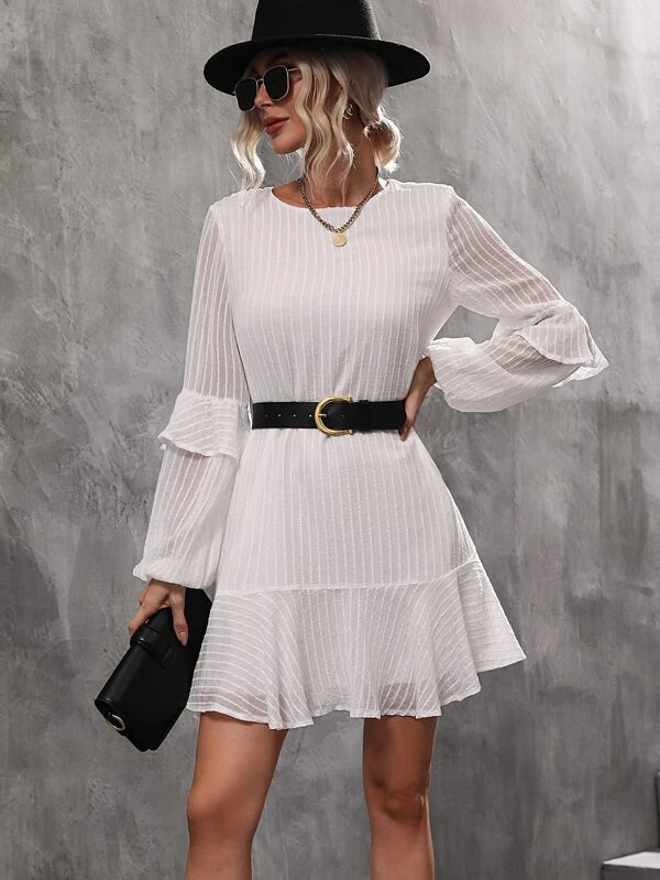 CM-DS268383 Women Casual Seoul Style Ruffle Trim Lantern Sleeve Dress - White