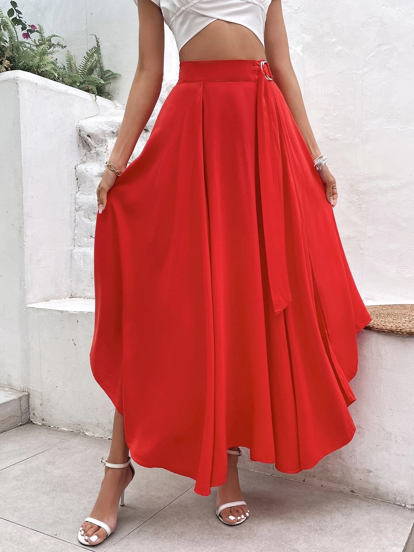 CM-BS718198 Women Trendy Bohemian Style Solid Split Hem Ring Detail Skirt - Red