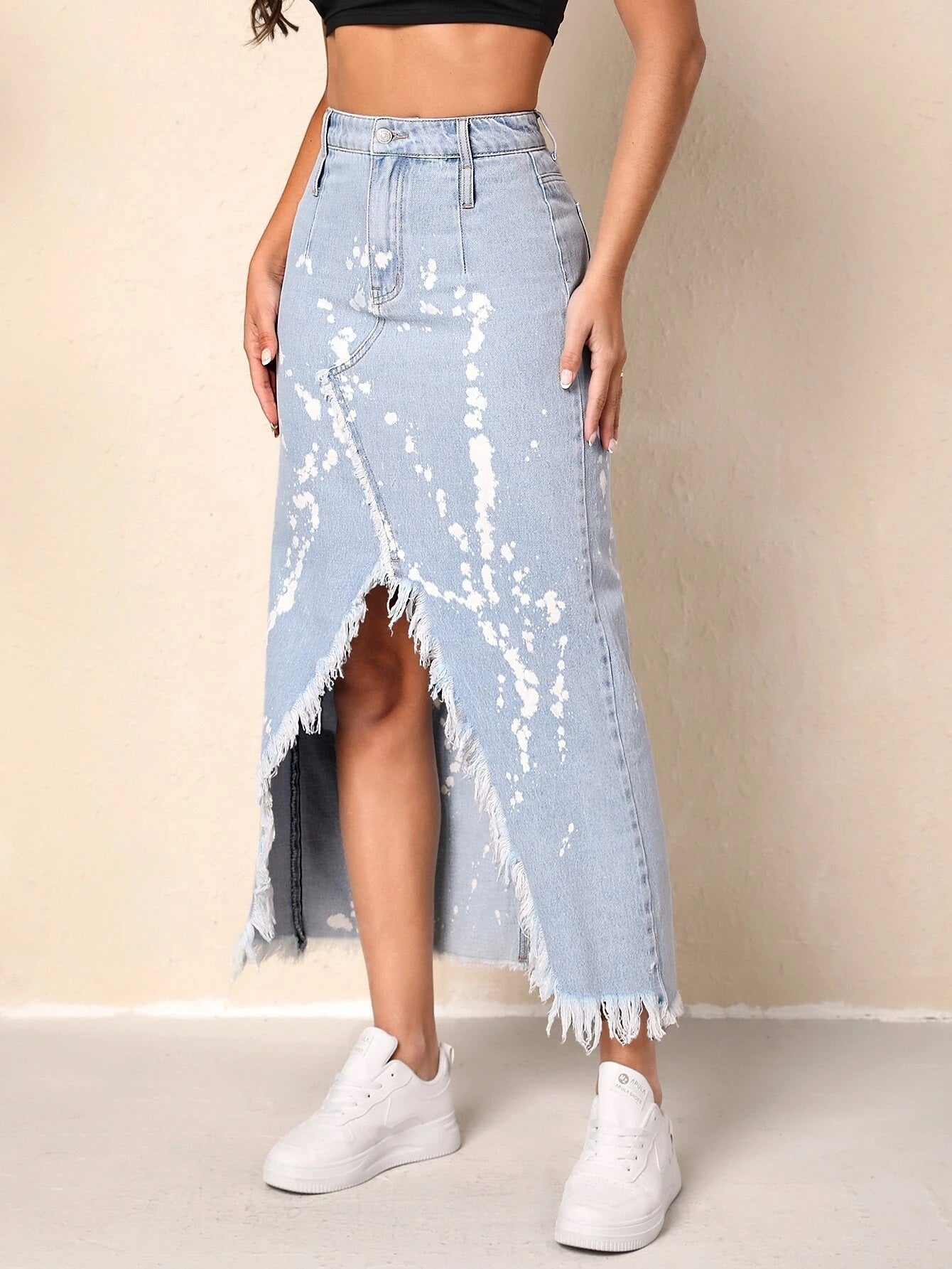 CM-BS685694 Women Preppy Seoul Style Graphic Print Raw Trim Asymmetrical Hem Denim Skirt