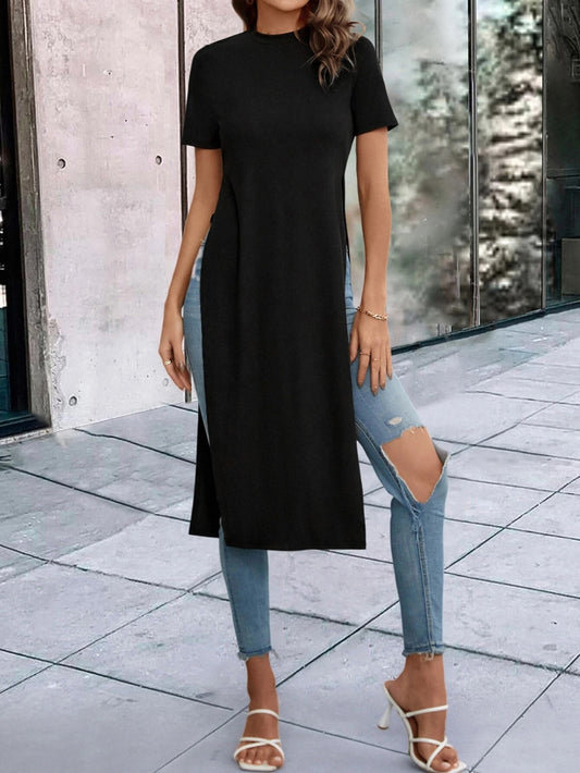 CM-TS127011 Women Casual Seoul Style Solid Split Thigh Longline Tee - Black