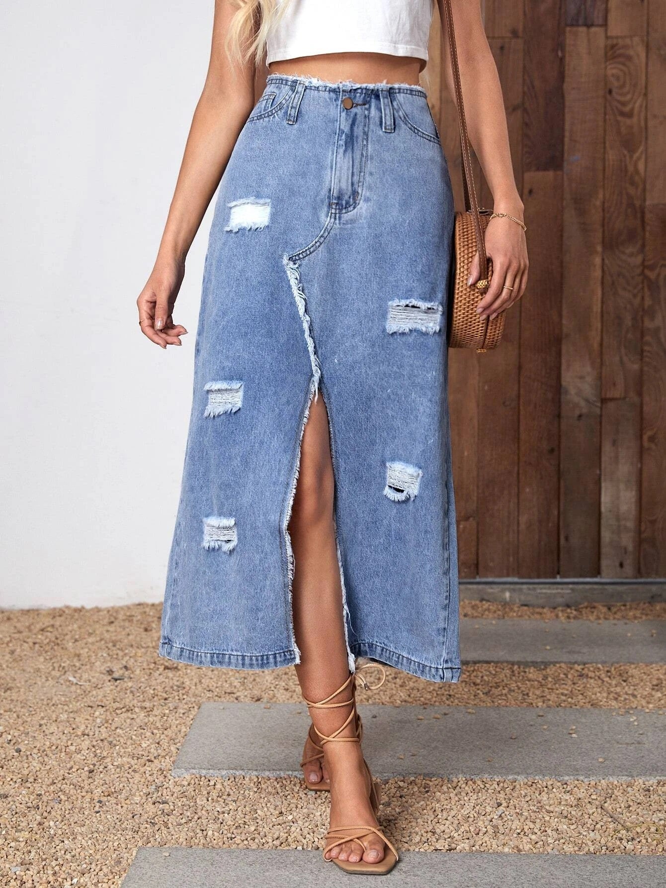 CM-BS910312 Women Casual Seoul Style High Waist Ripped Split Thigh Denim Skirt
