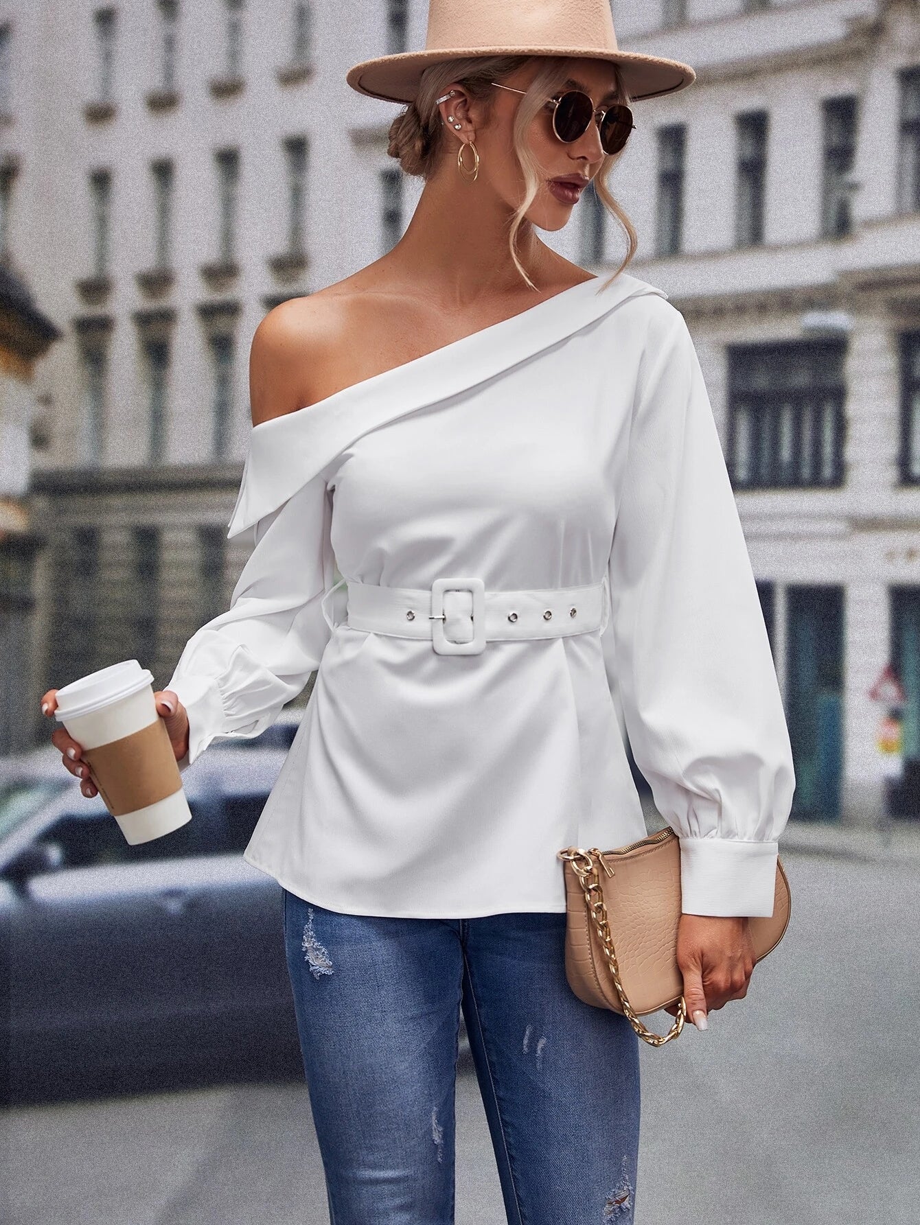 CM-TS268667 Women Elegant Seoul Style Asymmetrical Neck Belted Blouse - White