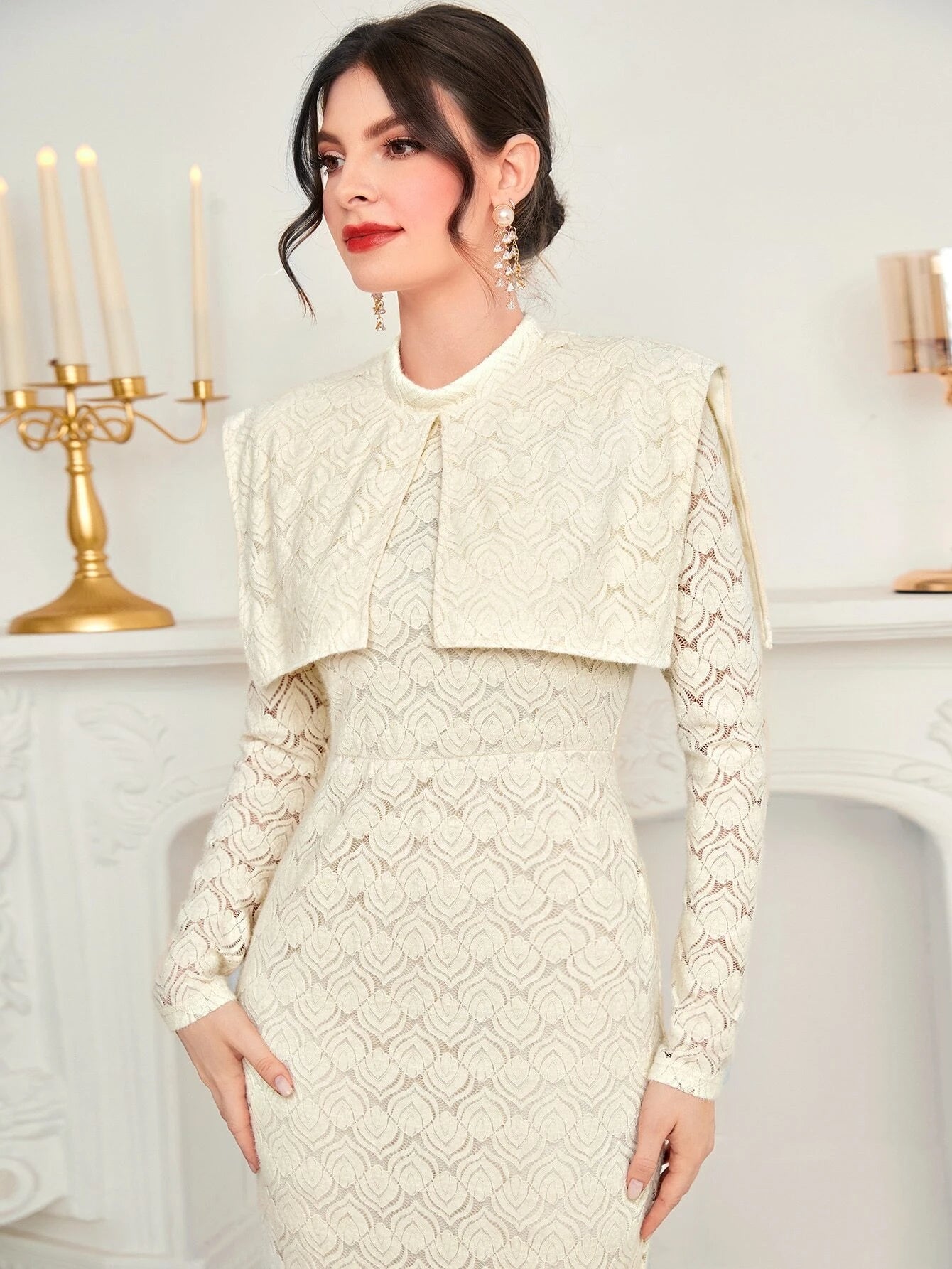 CM-DS888011 Women Elegant Seoul Style Foldover Front Split Back Lace Overlay Dress