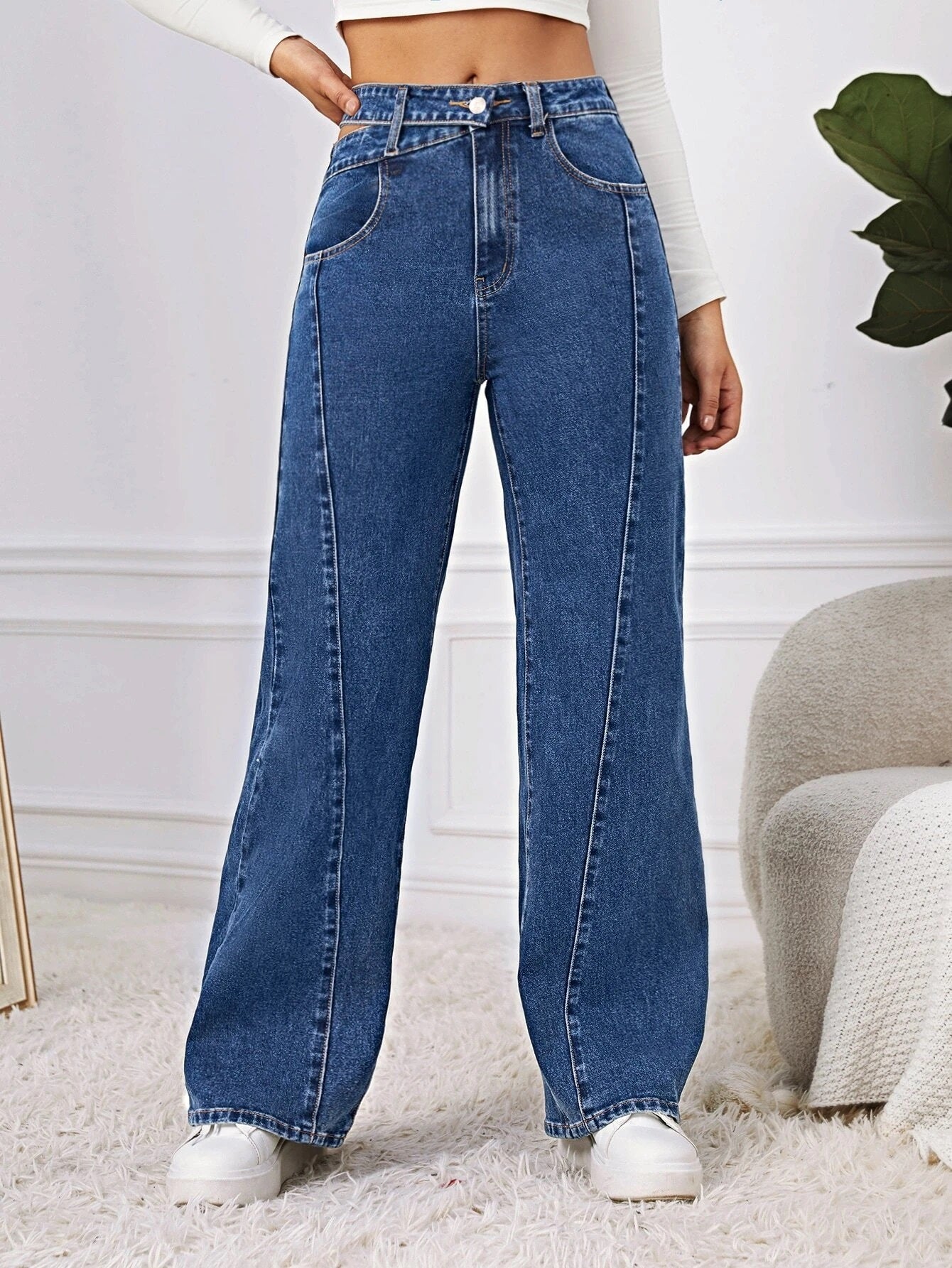 CM-BS402161 Women Casual Seoul Style Dark Wash Cut Out Waist Wide Leg Jeans