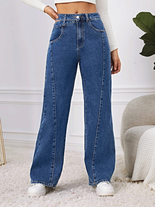 CM-BS402161 Women Casual Seoul Style Dark Wash Cut Out Waist Wide Leg Jeans