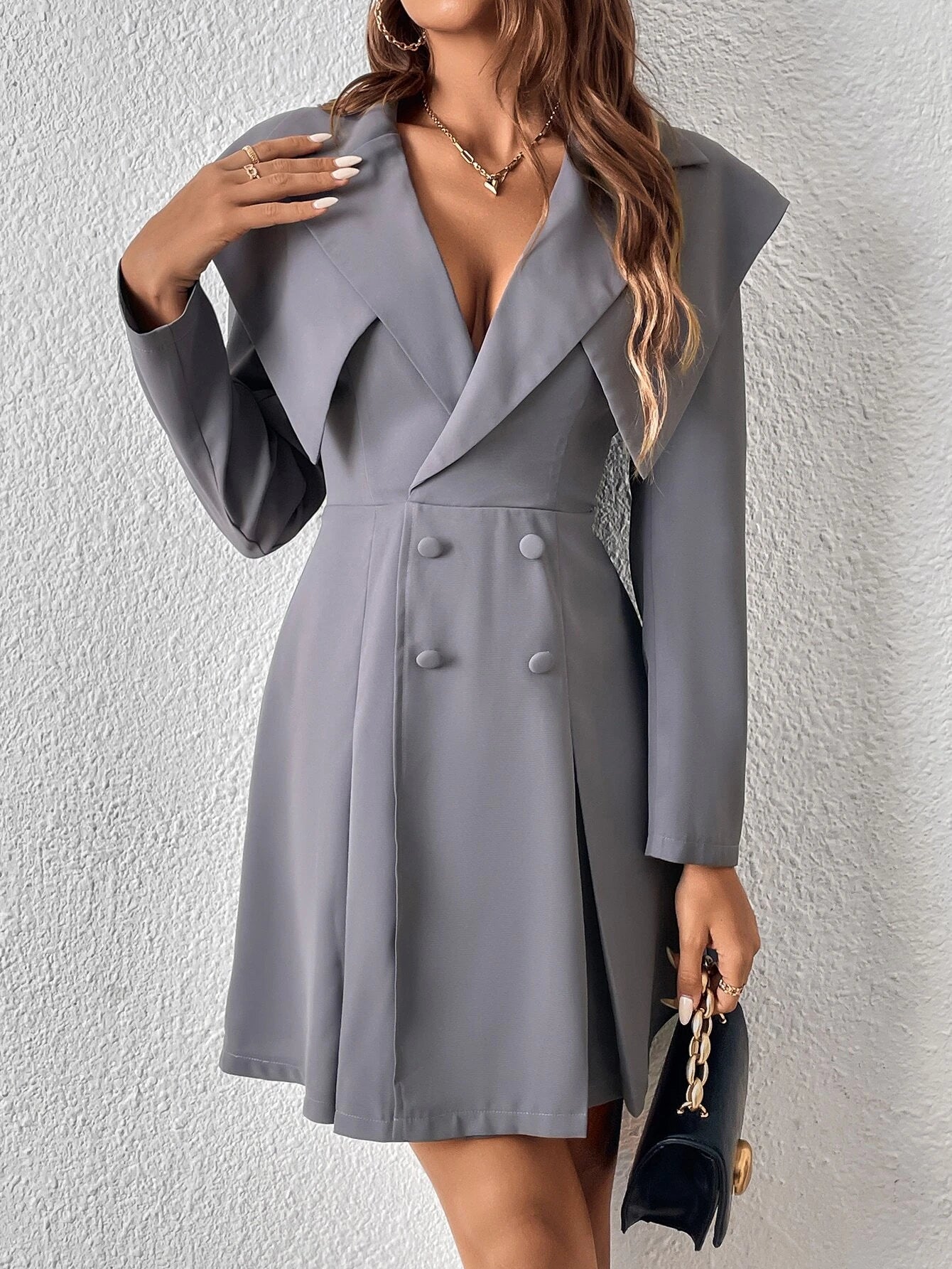 CM-DS150746 Women Elegant Seoul Style Double Breasted Fold Pleated Dress - Gray