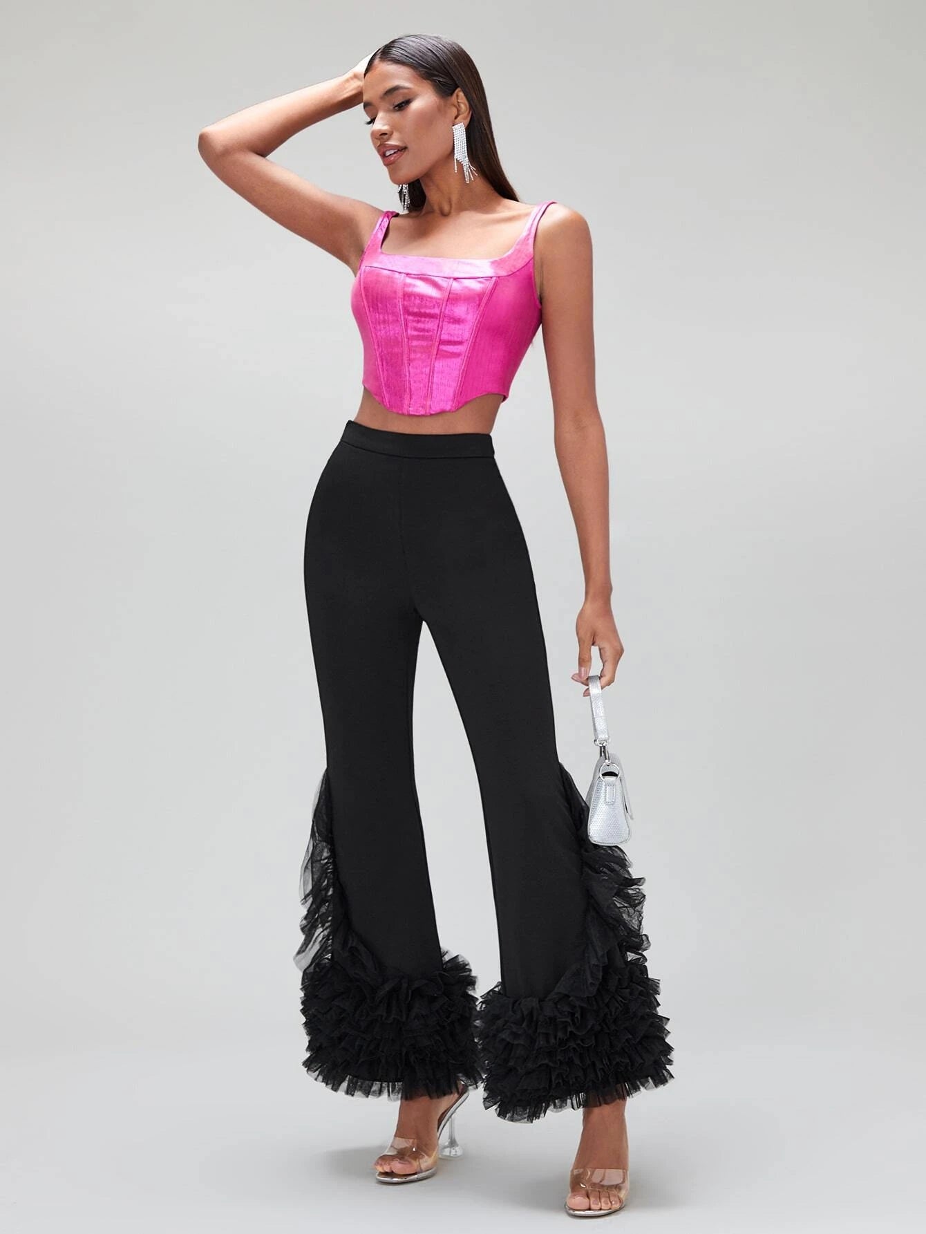 CM-BS804165 Women Elegant Seoul Style Contrast Mesh Ruffle Trim Flare Leg Pants