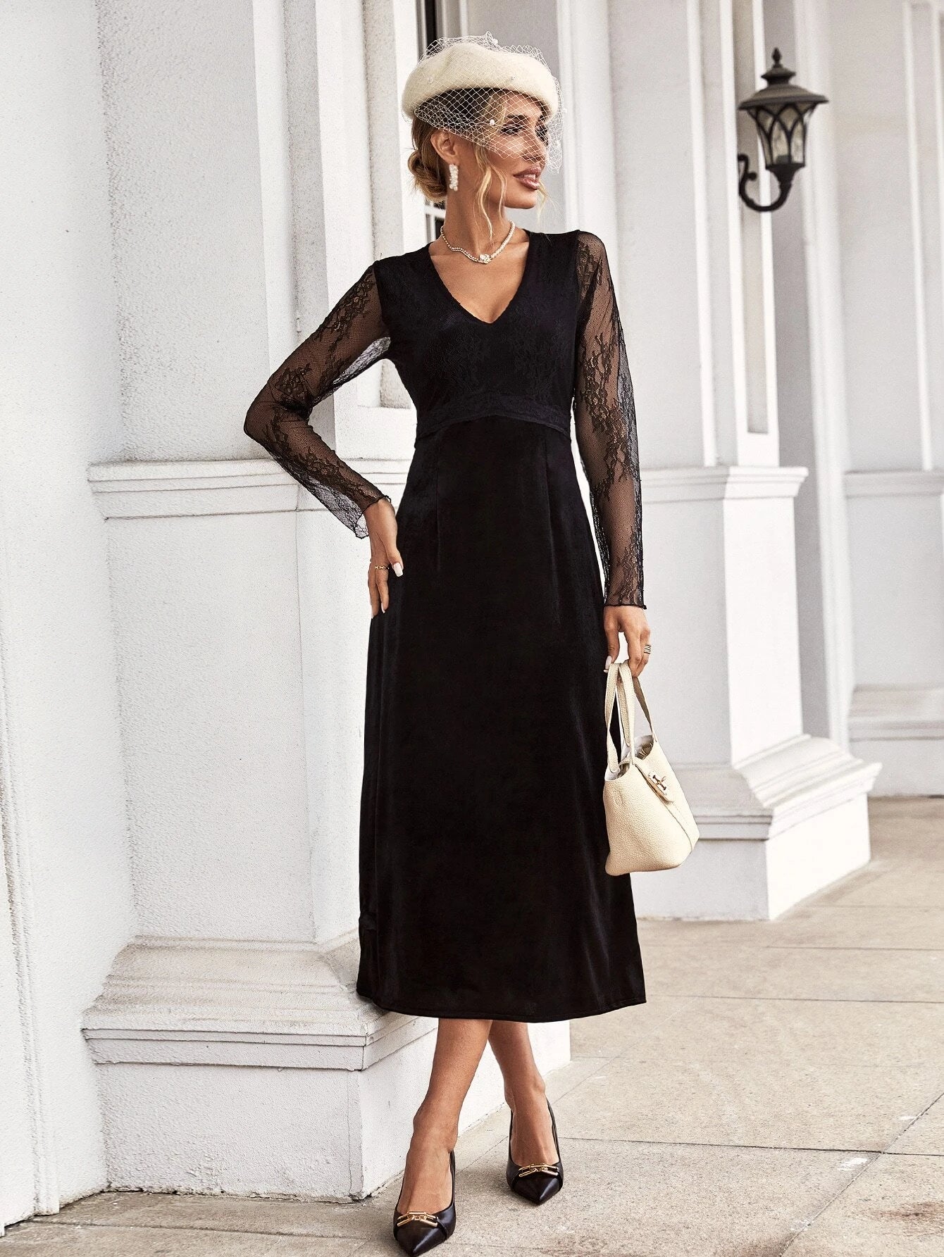 CM-DS220102 Women Elegant Seoul Style Contrast Lace V-Neck Velvet Dress - Black