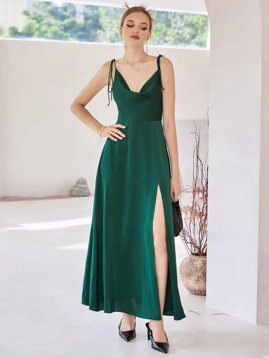 CM-DS512900 Women Elegant Seoul Style Tie Shoulder Solid Maxi Satin Cami Dress - Dark Green